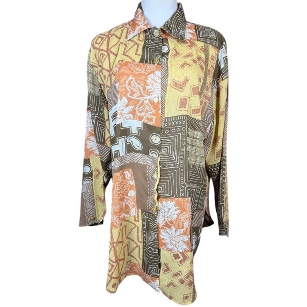 Stephen Peters Vintage Patchwork Geometric Button Front Tunic Top Brown Orange M